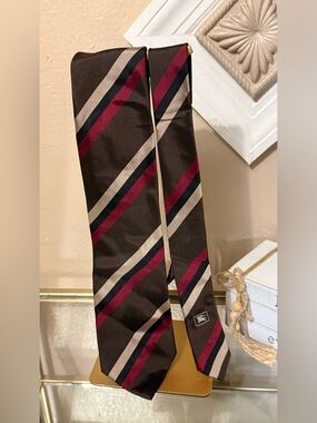 Burberry Brown Silk Tie with Red, Navy and Beige Stripes